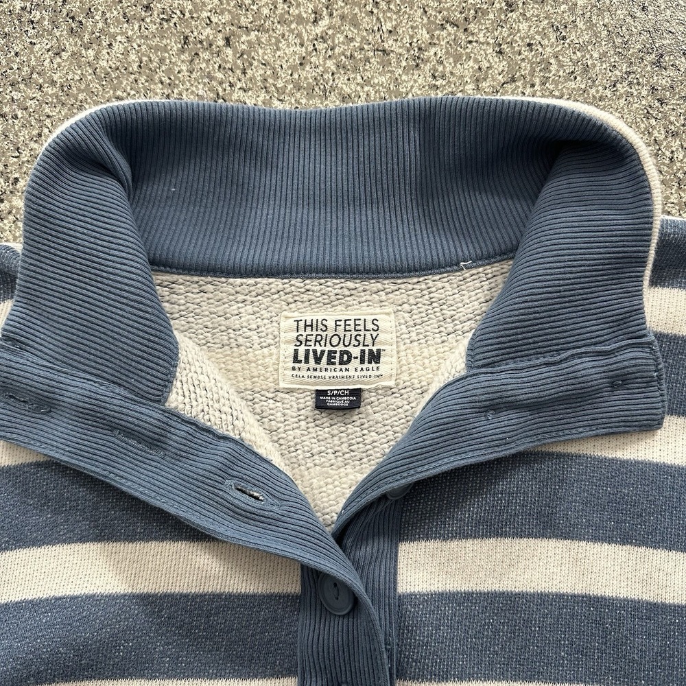American Eagle Sweatshirt Womens S Top Big Hug Henley Striped Blue Lived In - Picture 2 of 10